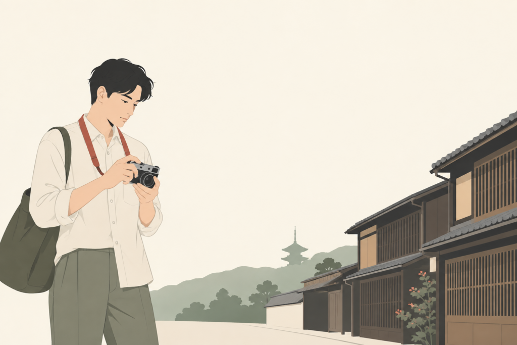 京都の落ち着いた街並みで撮影の準備をする成人のイラスト