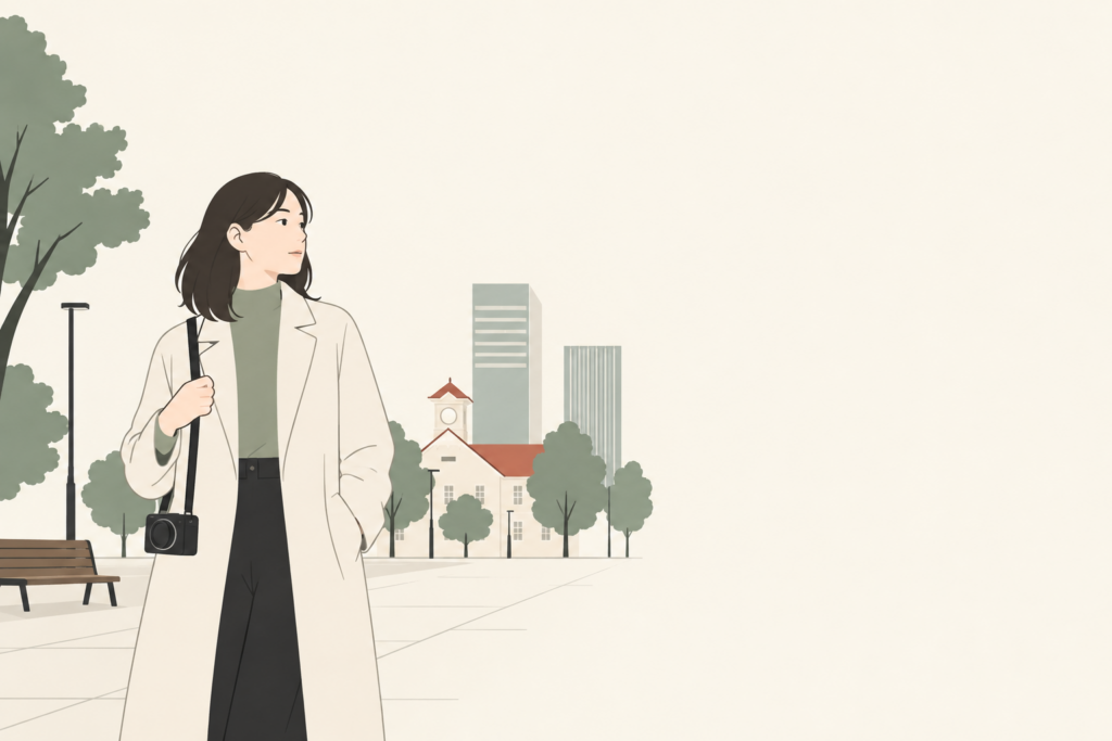 札幌の街へカメラバッグを持って出かける成人のイラスト