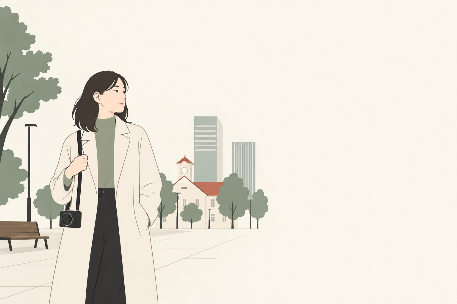 札幌の街へカメラバッグを持って出かける成人のイラスト