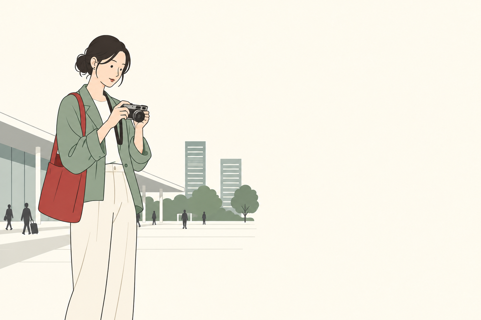 名古屋の駅前でカメラバッグを持ち撮影に向かう成人のイラスト