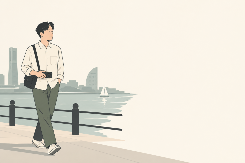 横浜の港沿いでカメラを持ち撮影に向かう成人のイラスト