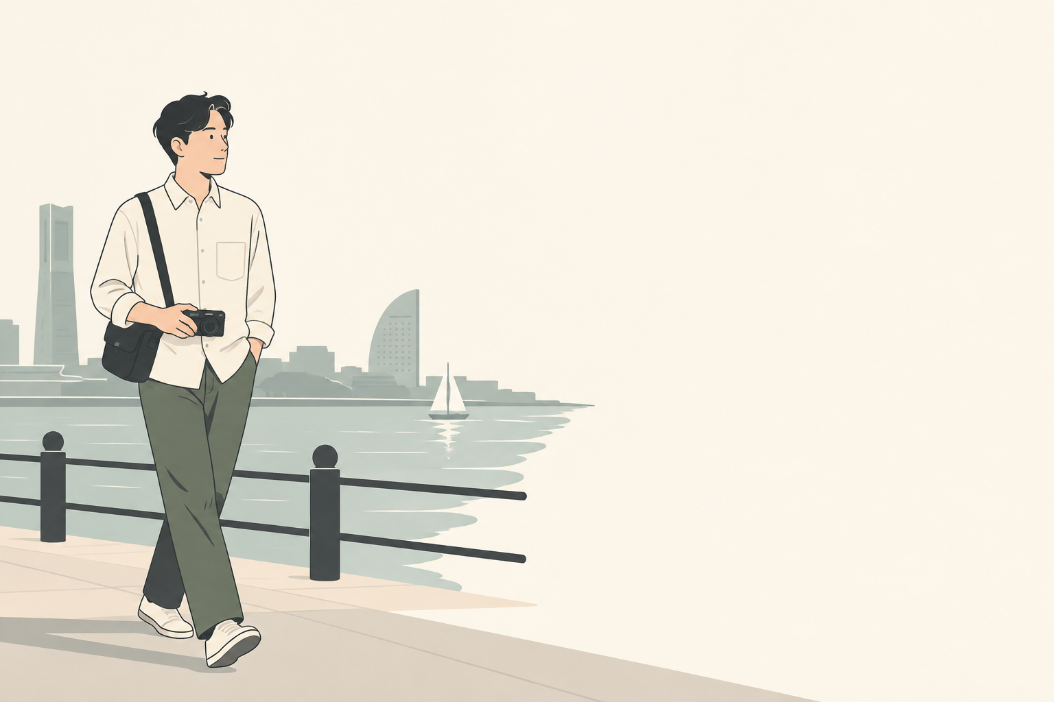 横浜の港沿いでカメラを持ち撮影に向かう成人のイラスト
