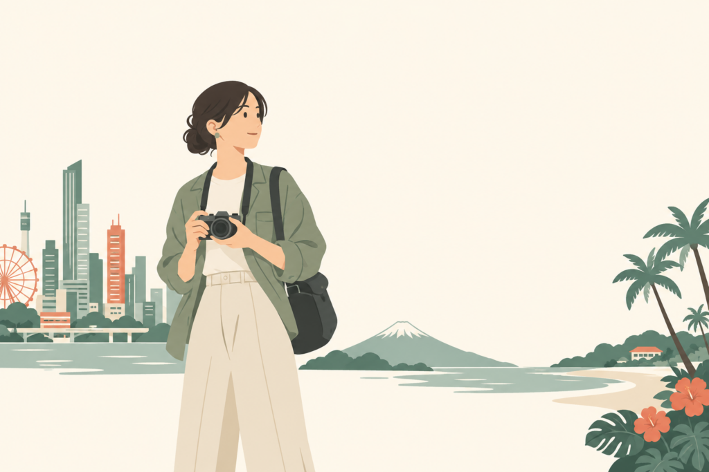 都市と海の風景を背景にカメラと旅行バッグを持つ人のイラスト