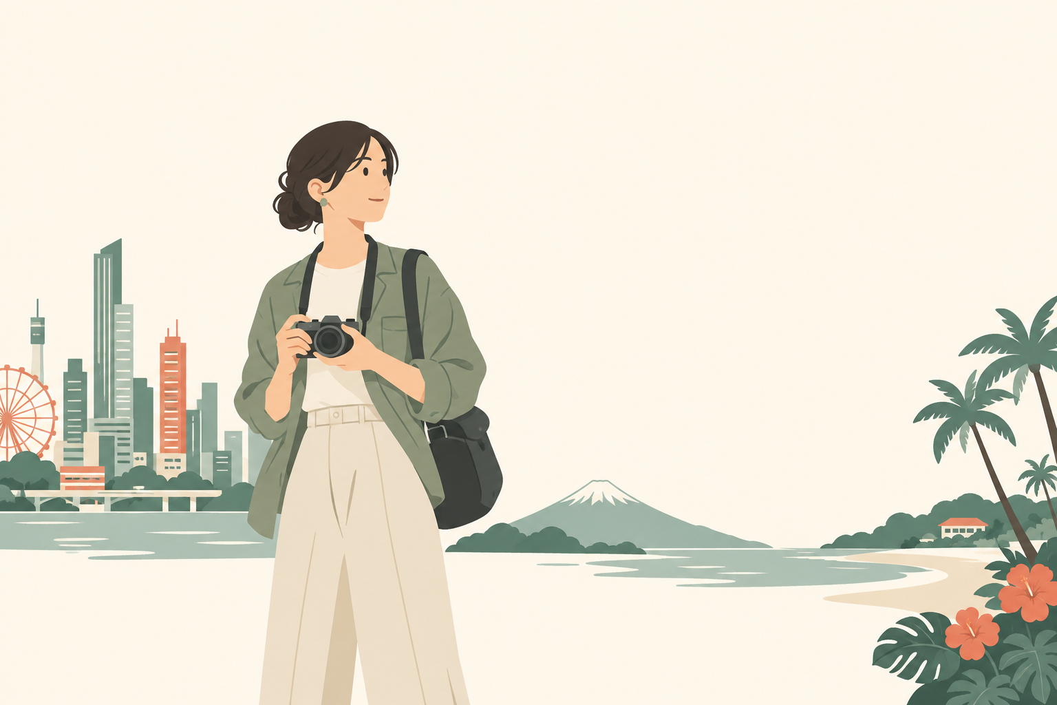 都市と海の風景を背景にカメラと旅行バッグを持つ人のイラスト