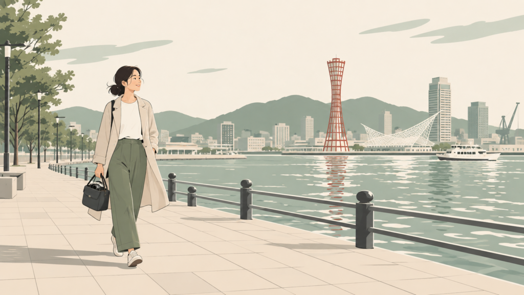 神戸港の遊歩道でカメラバッグを持って撮影に向かう成人のイラスト
