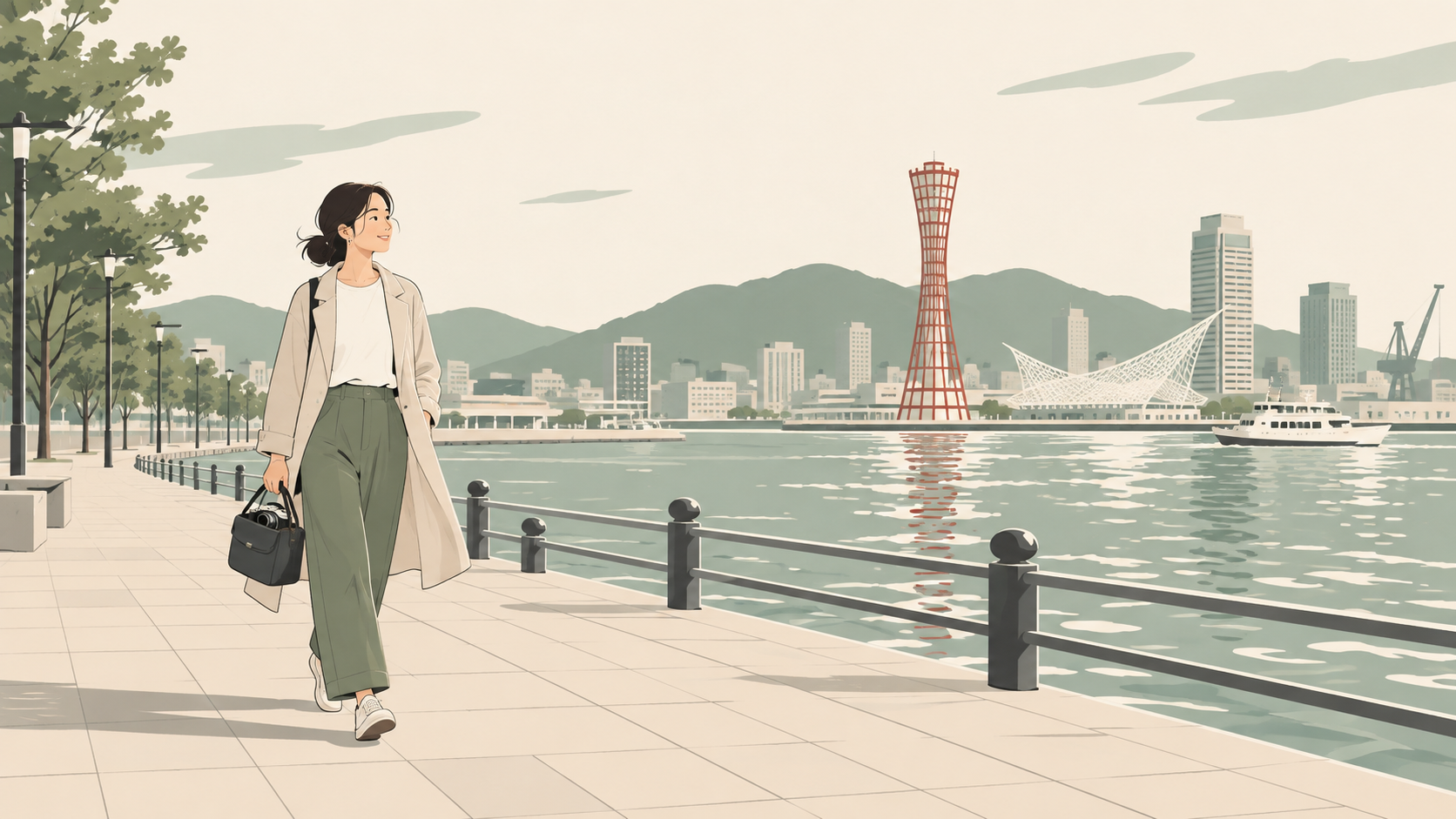 神戸港の遊歩道でカメラバッグを持って撮影に向かう成人のイラスト