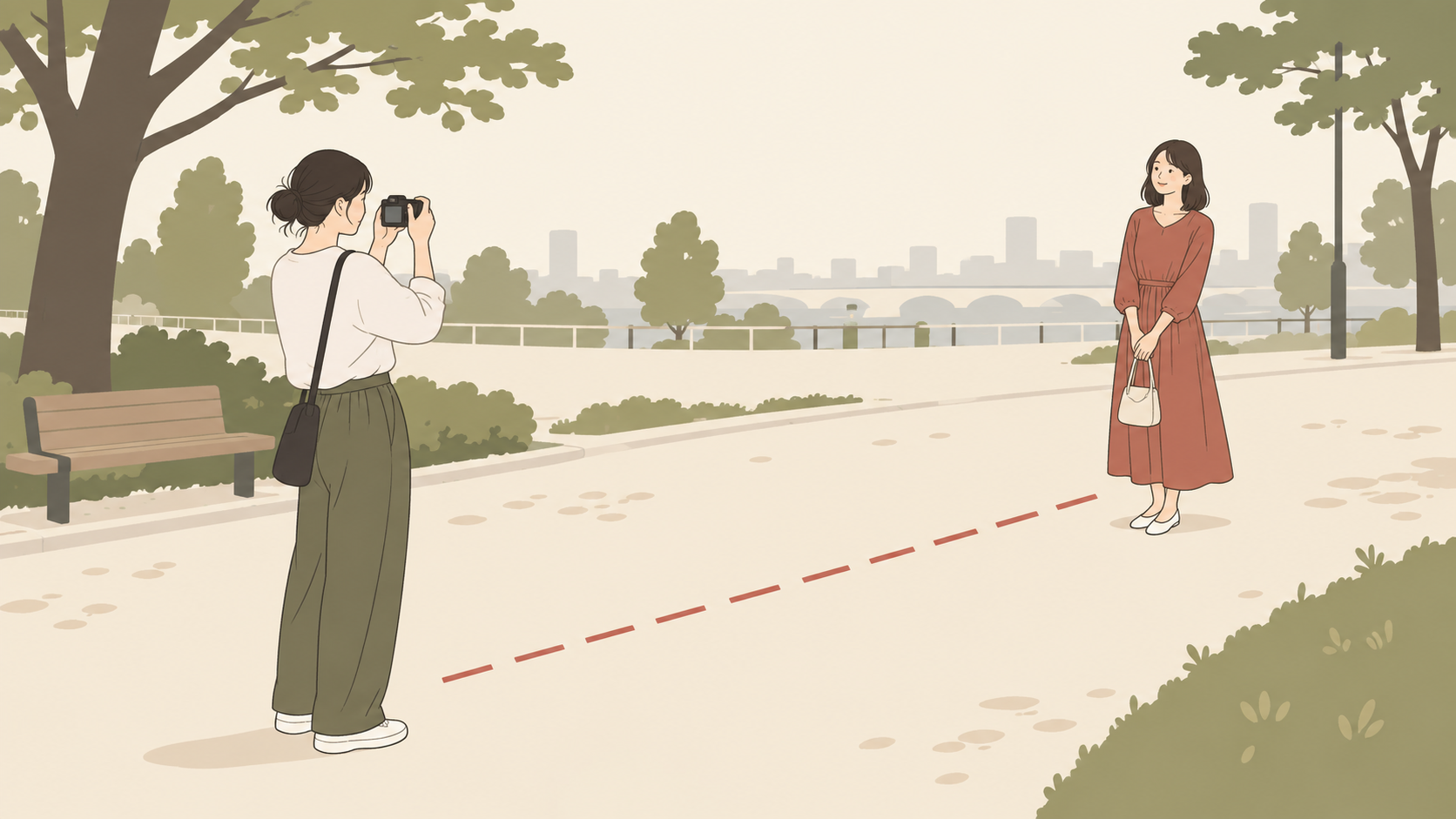 公園で友人との撮影距離を確かめながらカメラを構える人のイラスト
