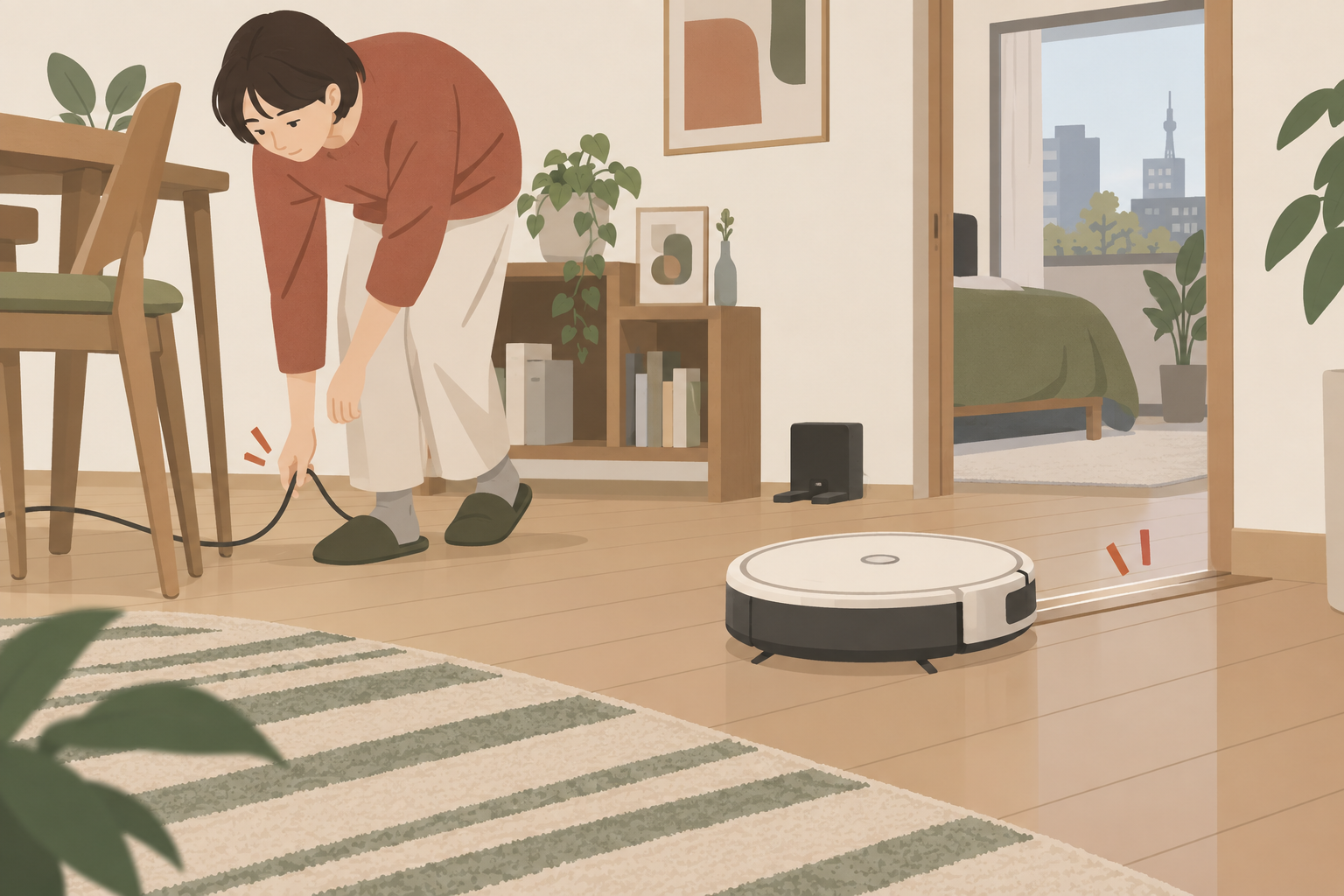 コードや段差を確認しながらロボット掃除機を試す場面