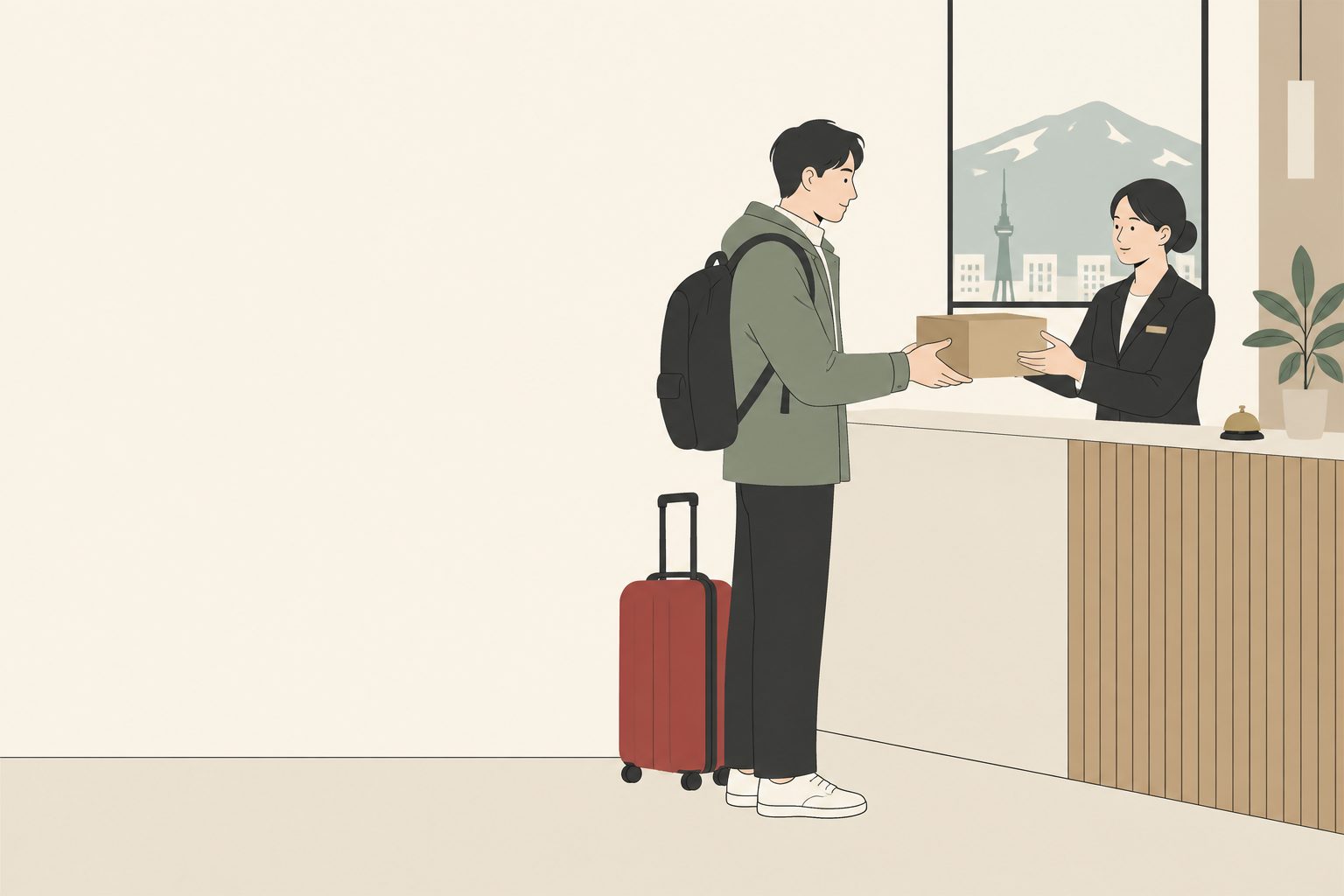 ホテルのフロントでカメラの宅配箱を受け取る旅行者のイラスト