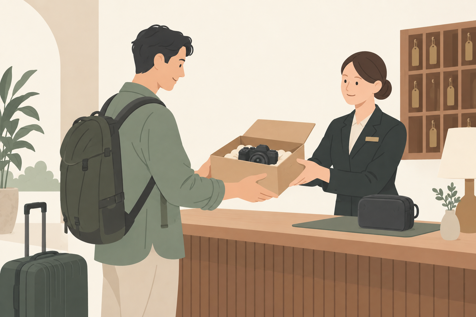 ホテルのフロントで撮影前日にカメラの配送箱を受け取る旅行者のイラスト