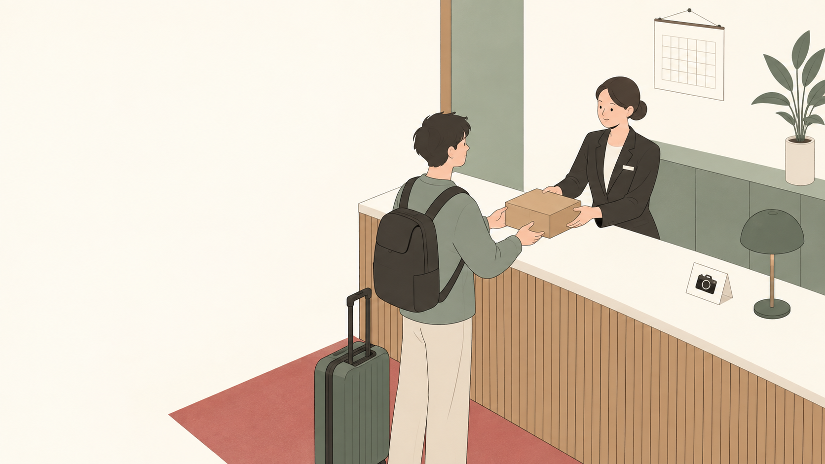 ホテルのフロントで撮影日前にカメラの荷物を受け取る旅行者のイラスト