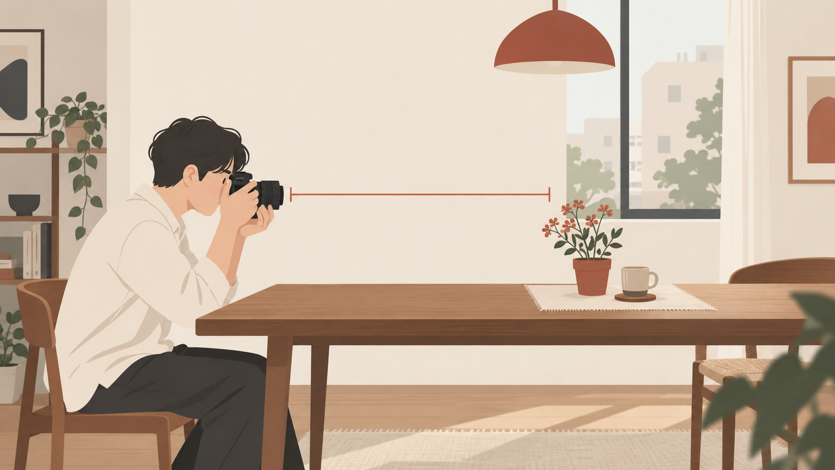室内で明るい単焦点レンズを使って日常を撮るイラスト
