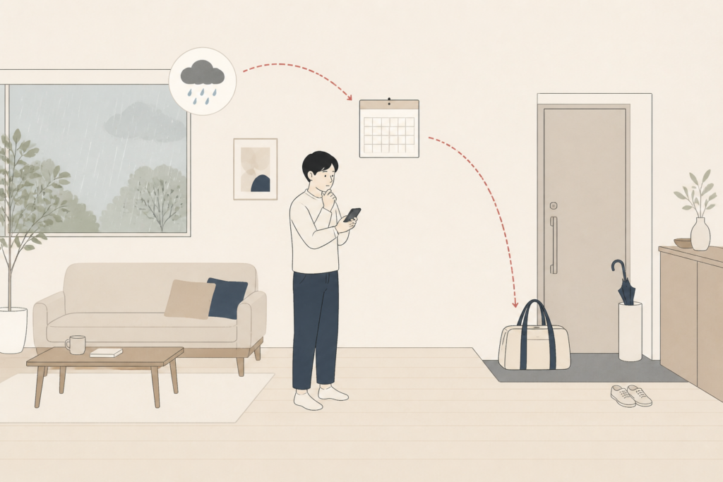 雨予報を見て運動会用カメラのレンタルを検討するイラスト