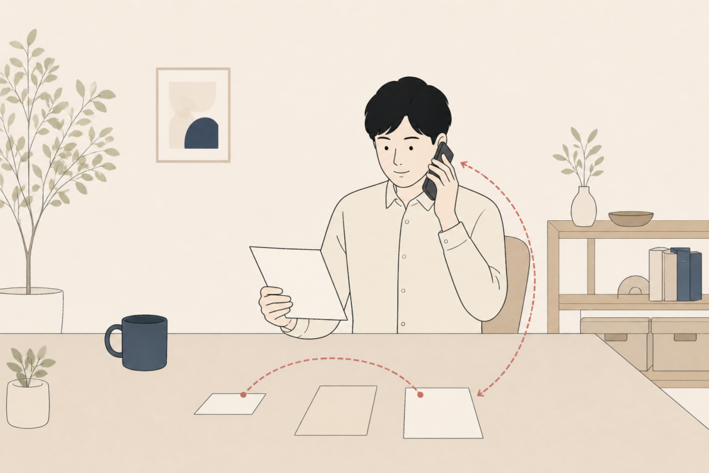 CAMERA RENTの審査書類を確認しながら連絡を待つイラスト