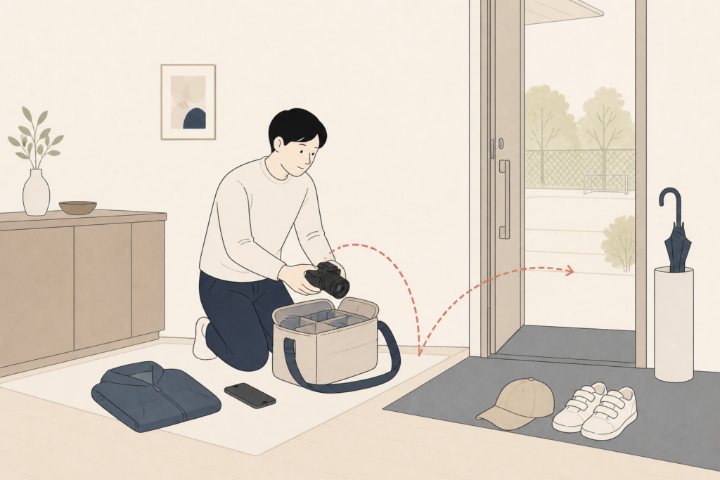 運動会当日の朝にレンタルカメラをバッグへ入れるイラスト