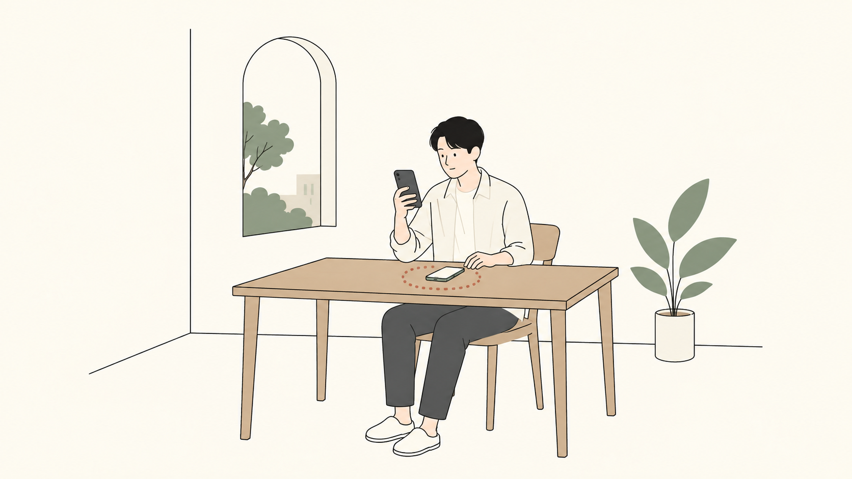 手持ちのスマートフォンと借りた端末の通信方法を考えるイラスト