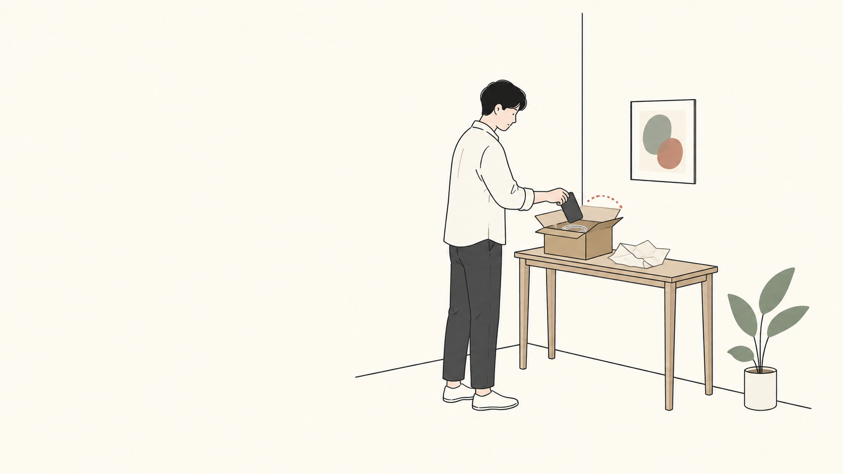 スマートフォンと付属品を返送用の箱へ収めるイラスト