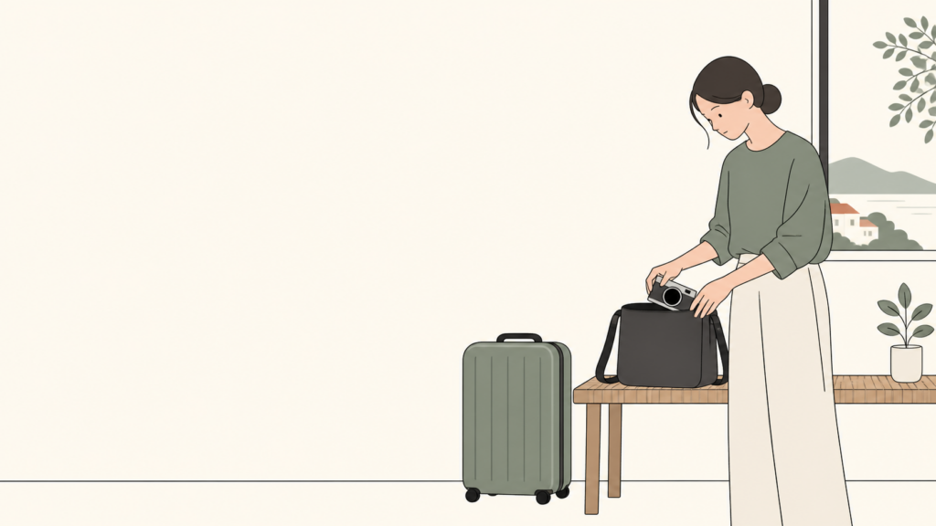 出発前の自宅で小さな旅行バッグにカメラを入れる成人
