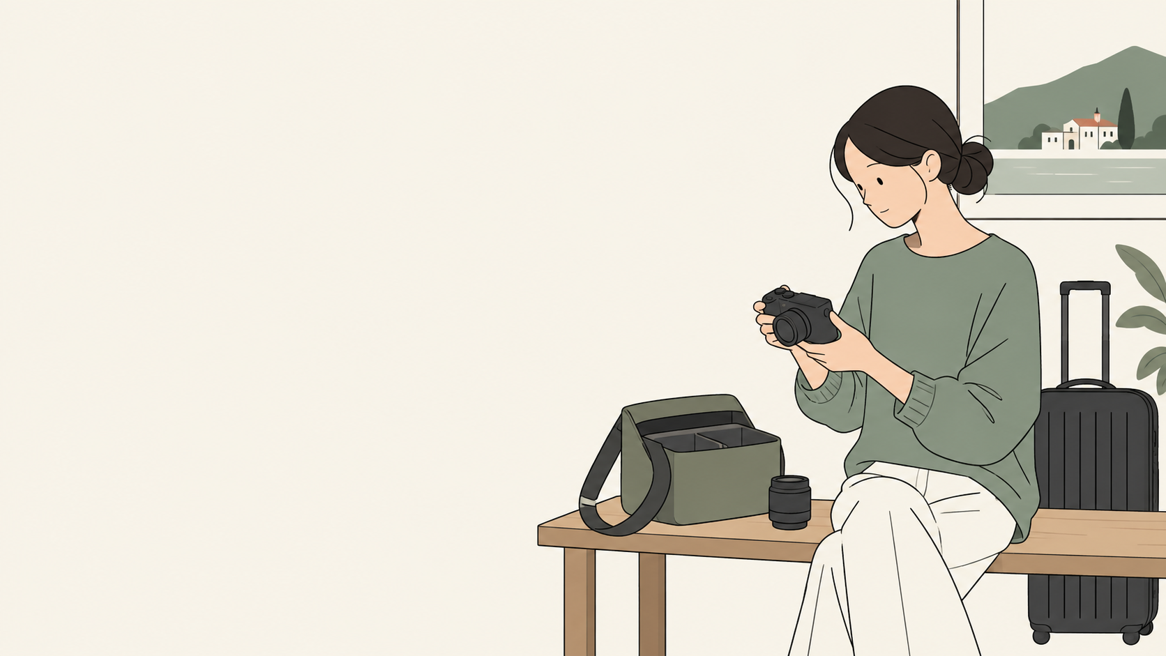 旅行の出発前にレンズ一本と二本の荷物を自宅で比較する成人