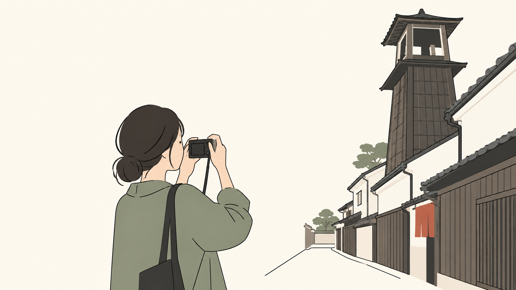 狭い路地で建物全体を入れようと撮影する成人