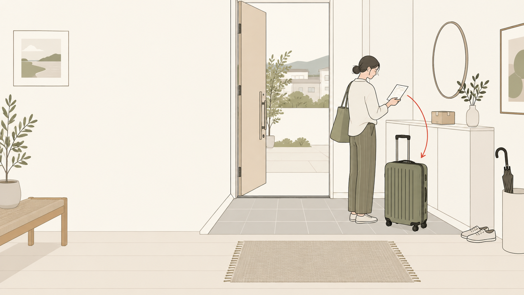 旅行用品が届き内容を確認するイラスト