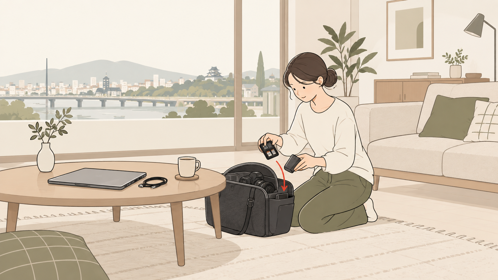記録・電源・取り込みの用品をカメラバッグへ準備するイラスト