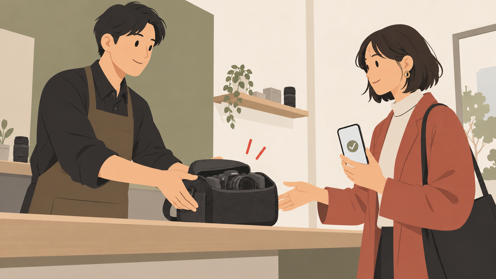 事前予約したカメラを店頭で受け取る人のイラスト