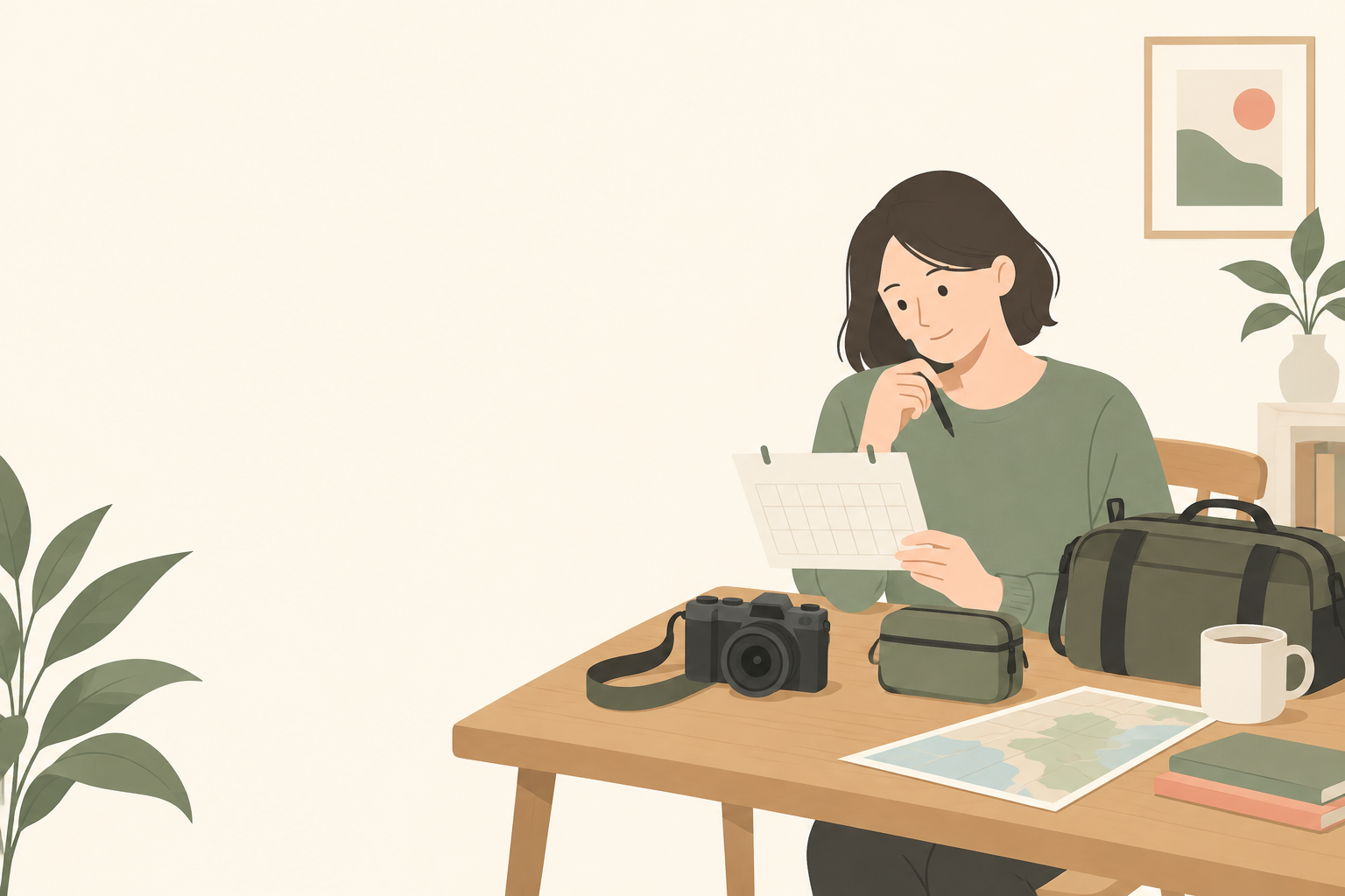 自宅で撮影日とカメラの受取方法を確認する人のイラスト