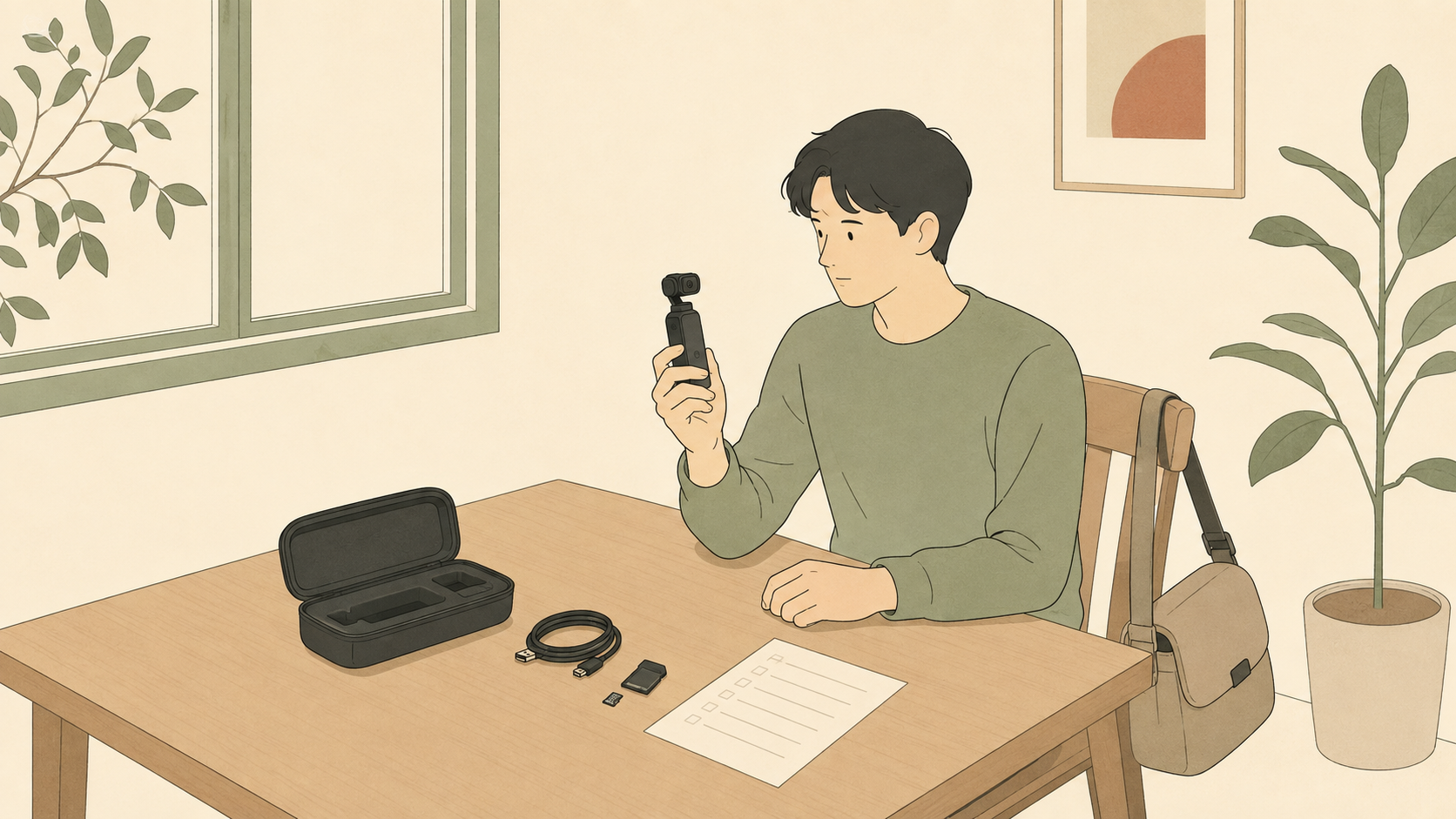 旅行前にジンバルカメラと付属品を確認するイラスト