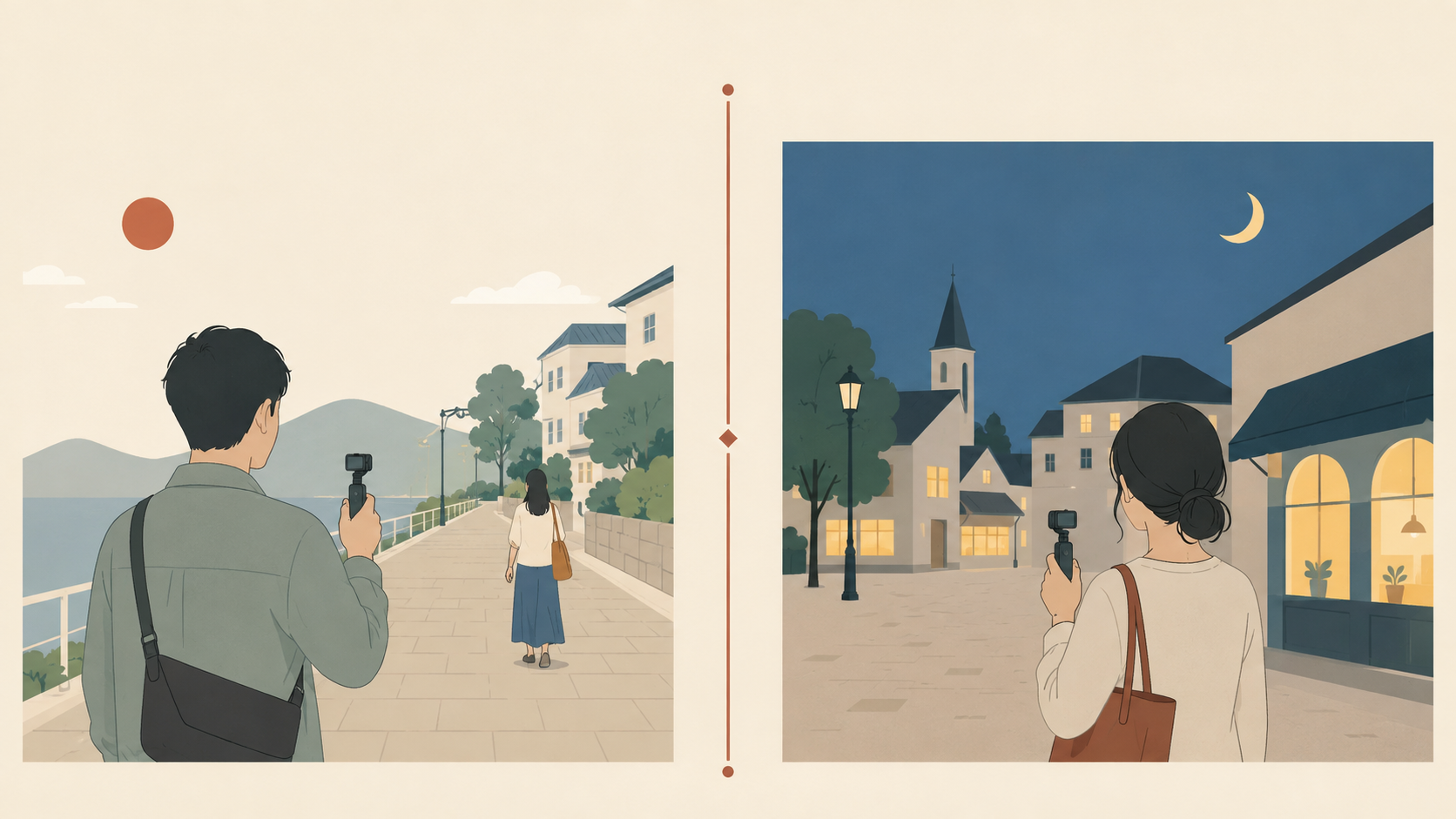 昼の街歩きと夕方の旅行動画を撮る場面のイラスト