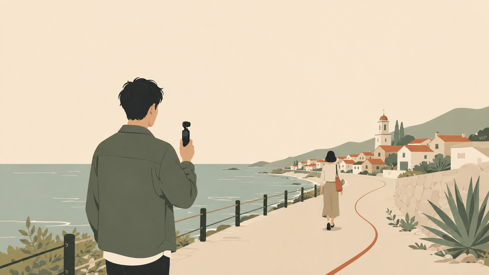 旅先の海沿いで小型ジンバルカメラを使うイラスト