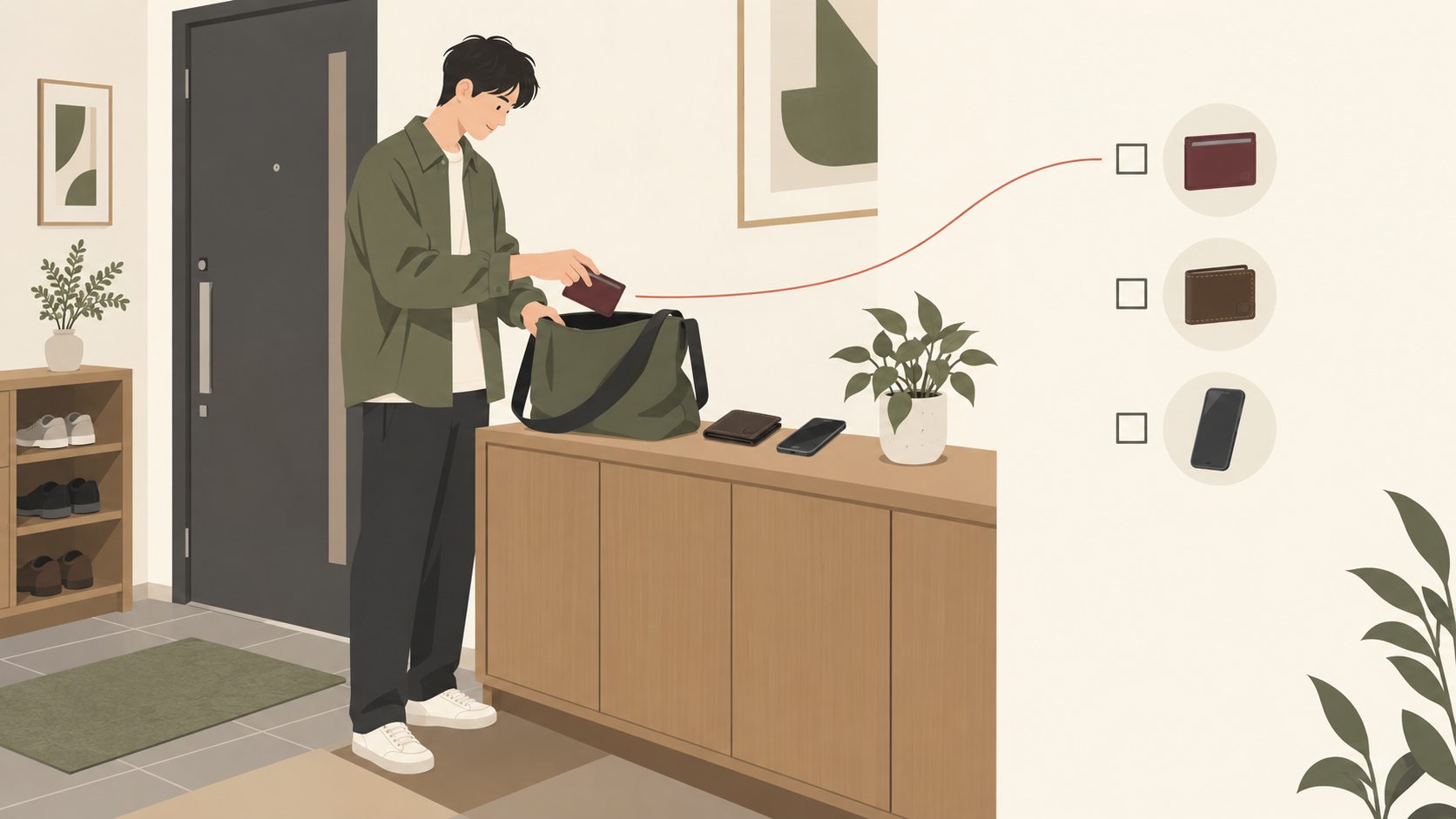店頭受取に必要な持ち物を出発前に確認するイラスト
