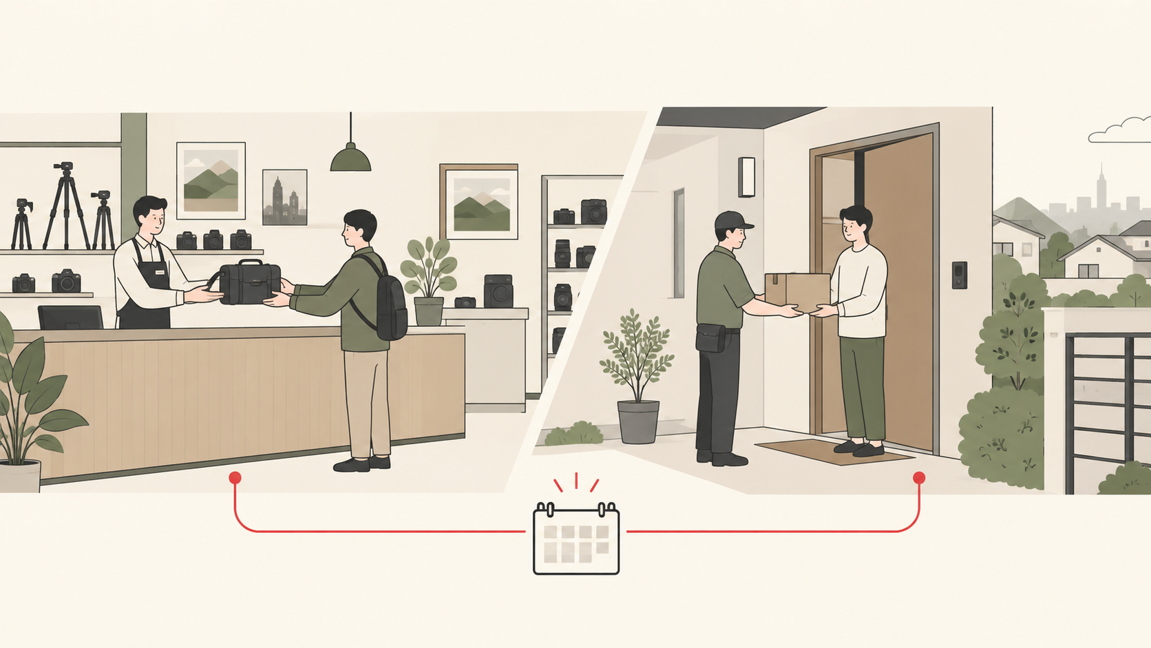 店舗受取と配送で撮影前後の予定を確認するイラスト