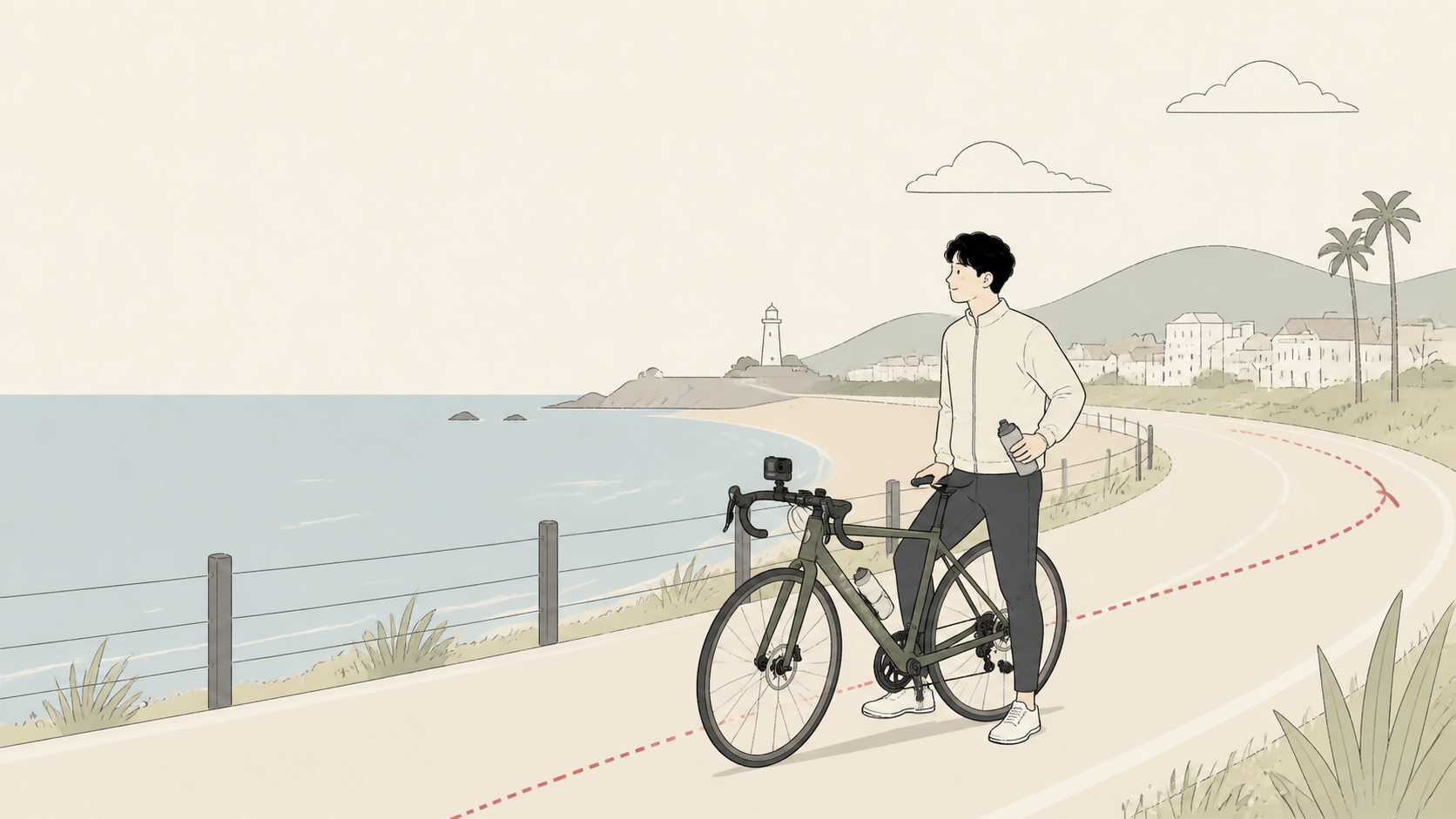 アウトドアでアクションカメラを身につけて撮影する人物のイラスト