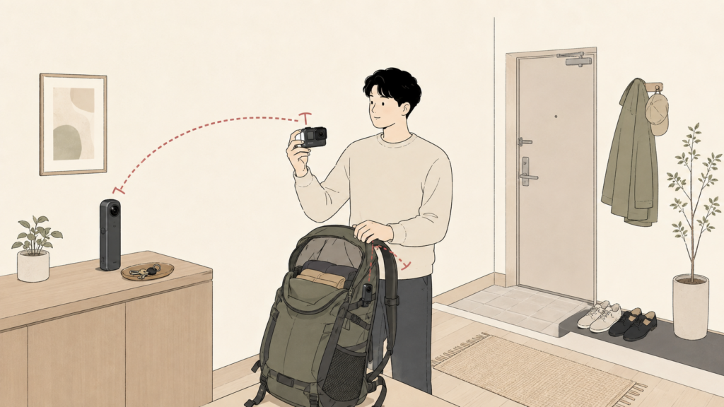 用途に合わせてアクションカメラを選ぶ旅行者のイラスト