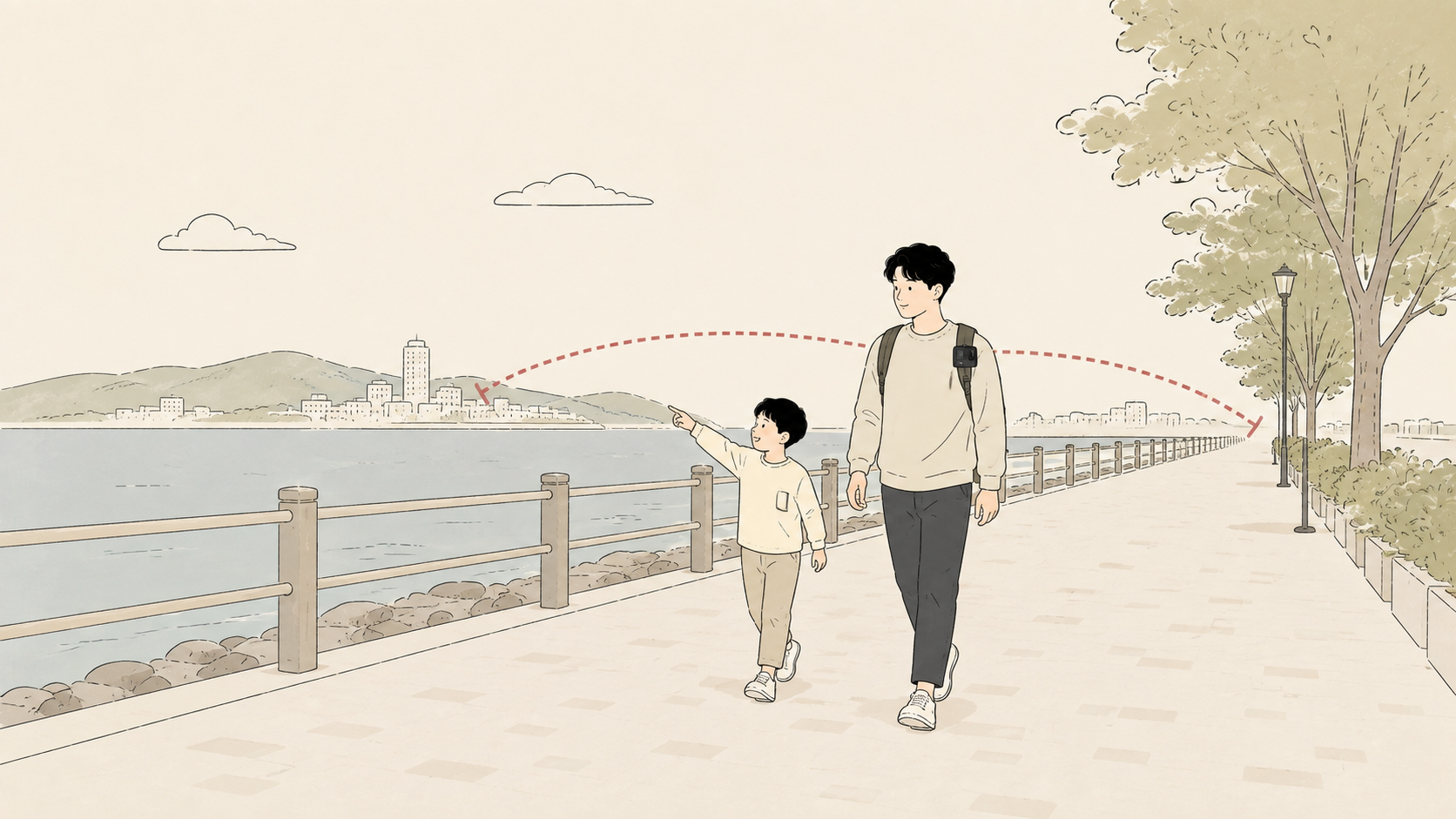 家族旅行で小型アクションカメラを使う親子のイラスト
