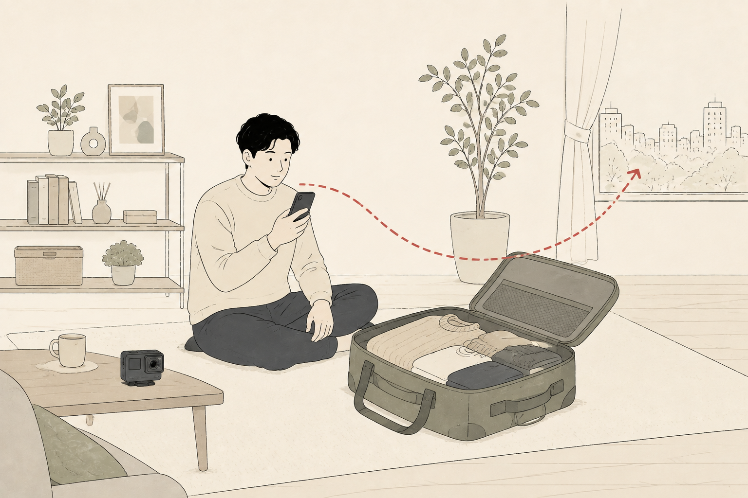 旅行準備中にスマートフォンでレンタル予約を確認する親のイラスト