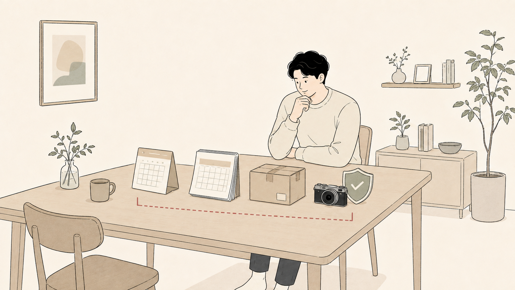 期間、送料、補償を含めてレンティオの条件を確認する男性