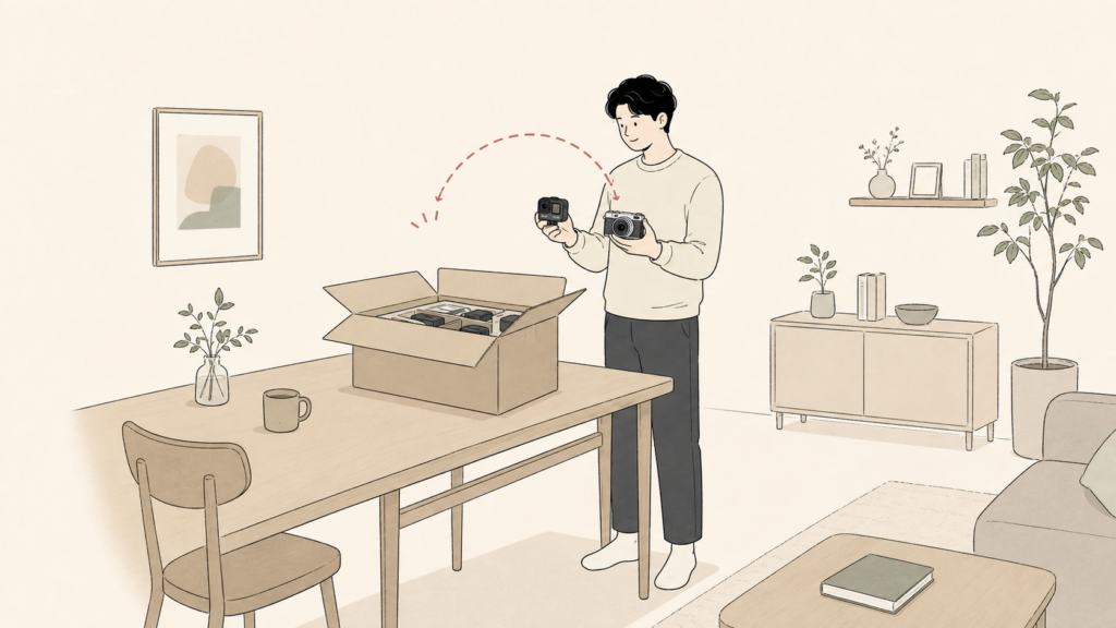 レンタル箱を開けてGoProとOM-5を確認する男性