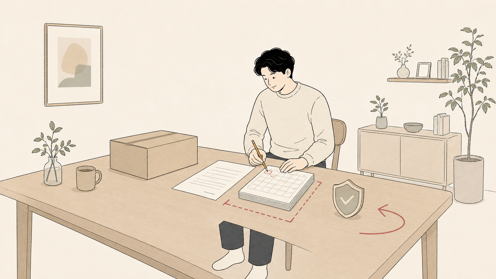最低利用期間と返却日を確認する男性