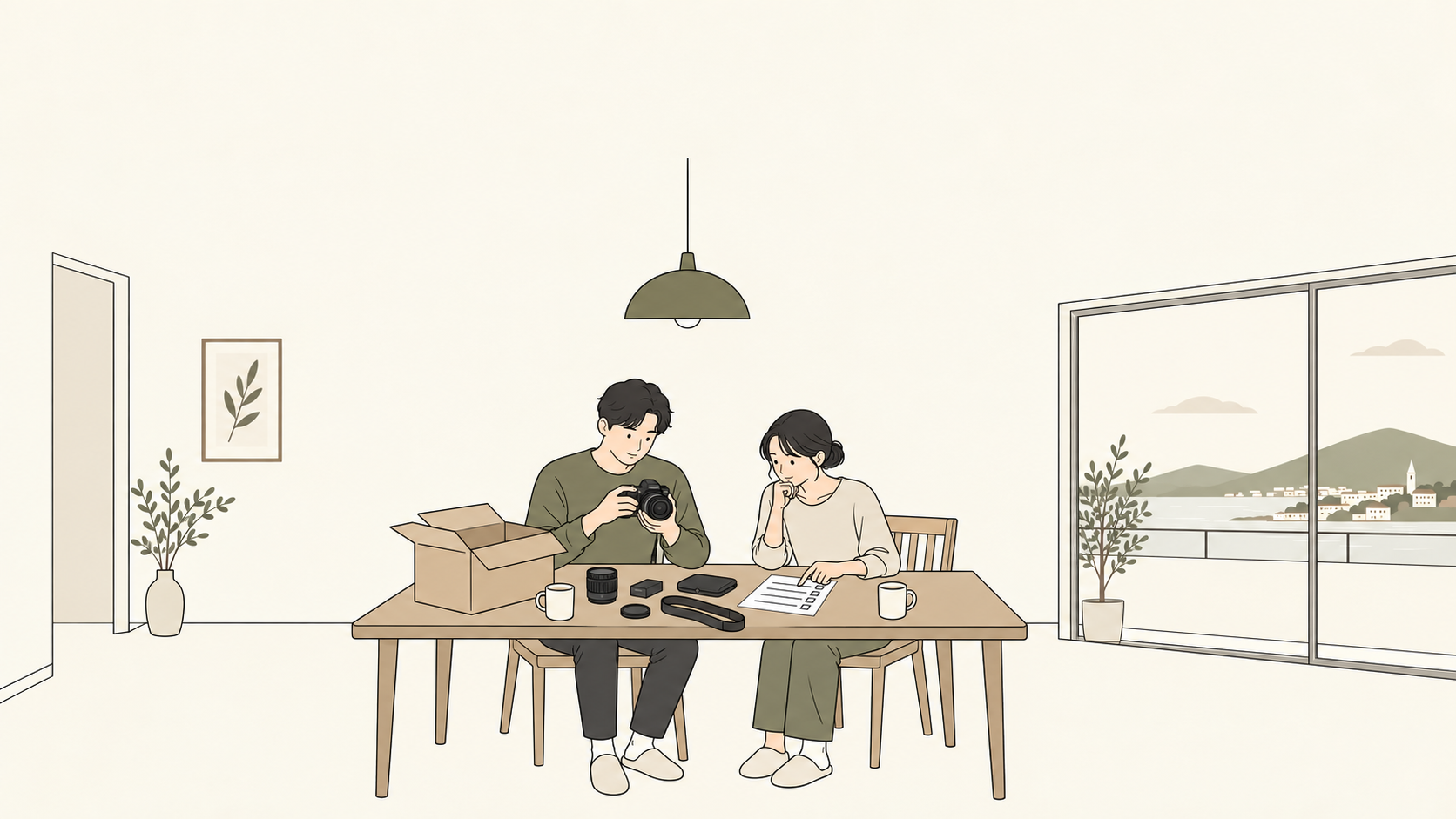 出かける前にレンタルしたカメラの状態を確かめるイラスト