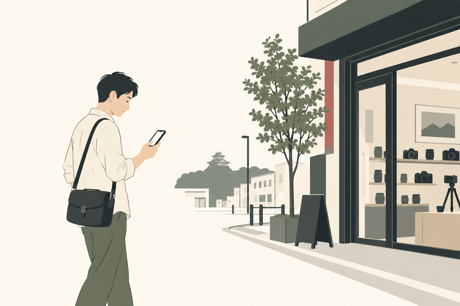 高岳の街路で予約内容を確かめてから店に向かう人のイラスト