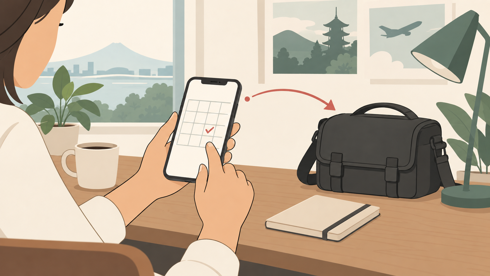 自宅で受取日と予約内容をスマートフォンで確認する人のイラスト
