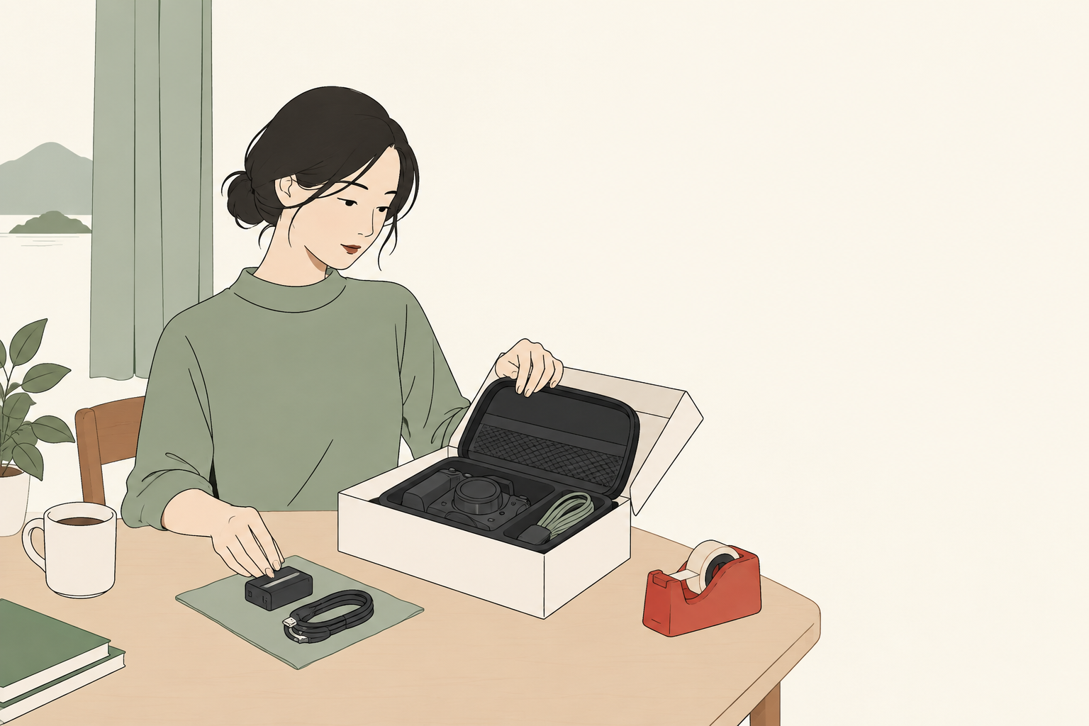 カメラと付属品を梱包して返送を準備する人のイラスト
