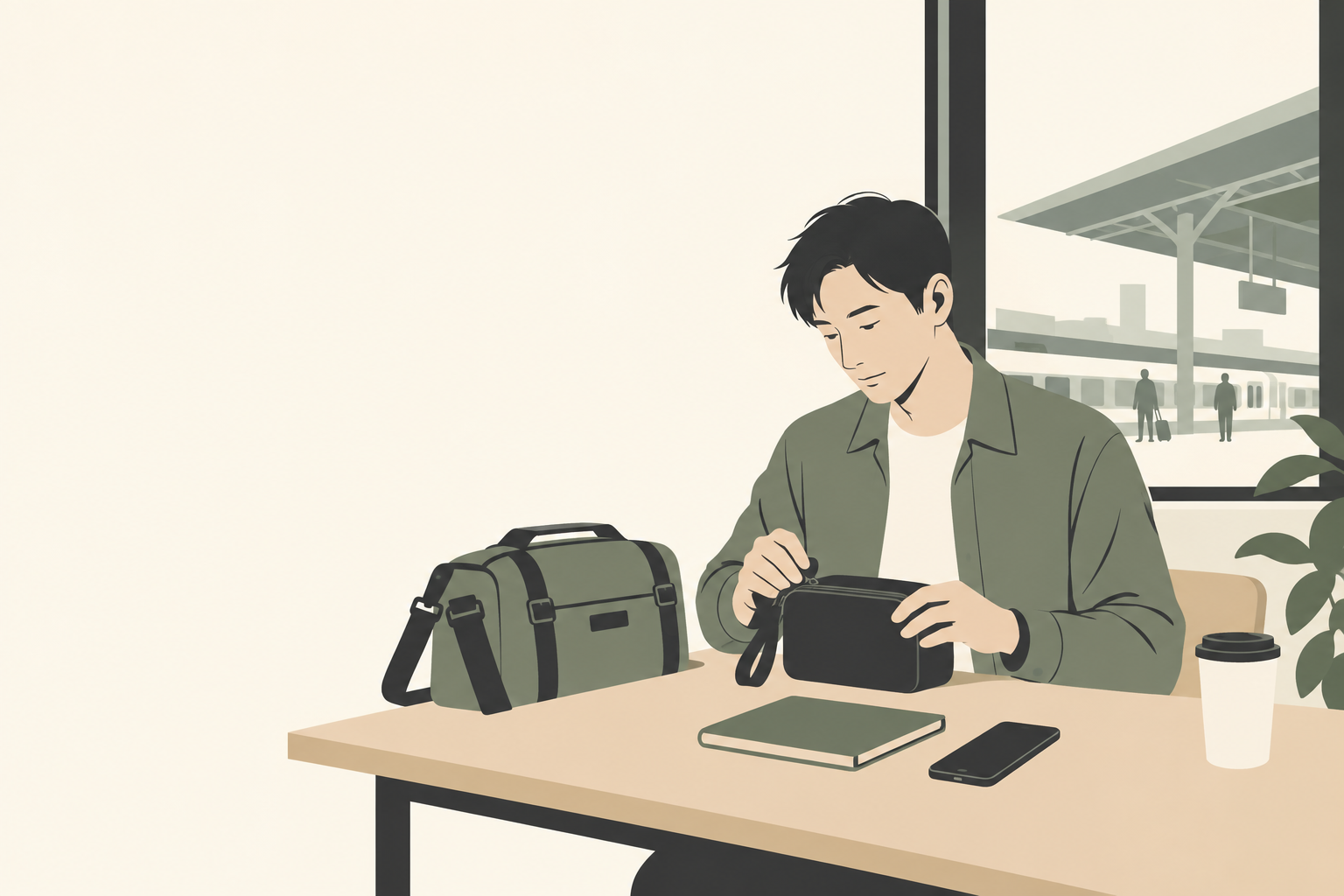 帰りの予定に合わせてカメラの返却用ケースを確認する人のイラスト