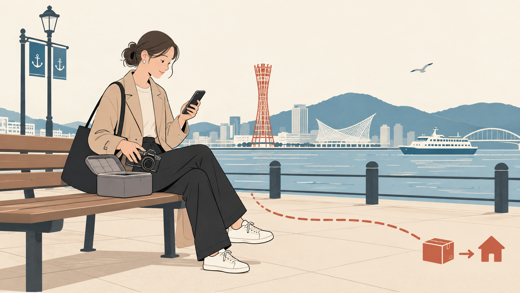 神戸港のベンチでカメラの返却ケースと期限を確認する人のイラスト