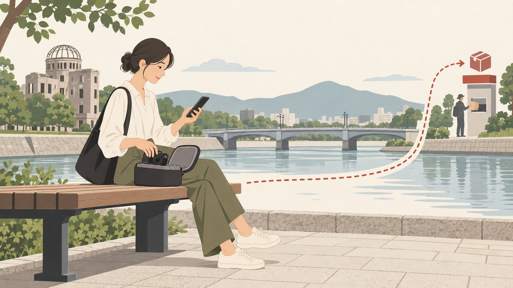 広島の川沿いでカメラの返却ケースと手順を確認する人のイラスト