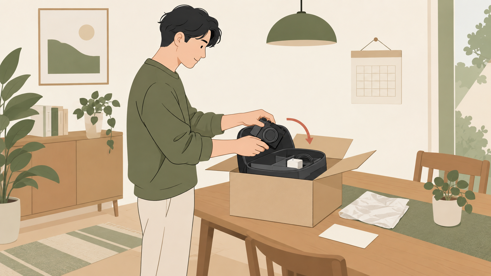 自宅でカメラと付属品を返却用の箱に梱包する人のイラスト