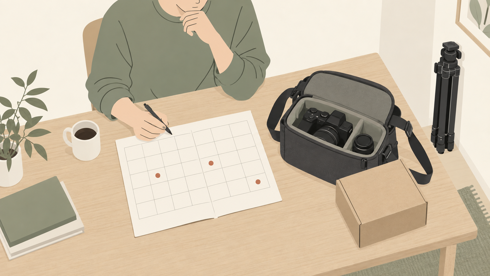 受取から撮影と返却までの日程を考えて荷造りするイラスト