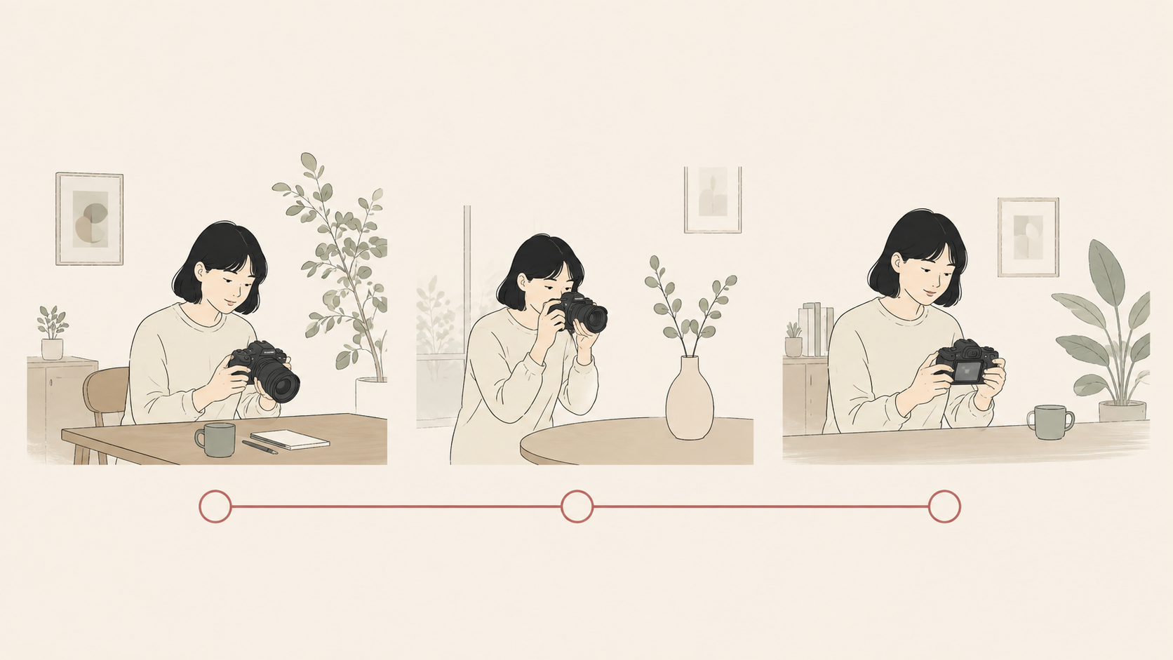 同じカメラをじっくり試して操作に慣れる場面